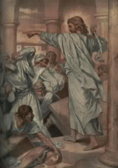 Jesus driving the buyers and sellers from the Temple.